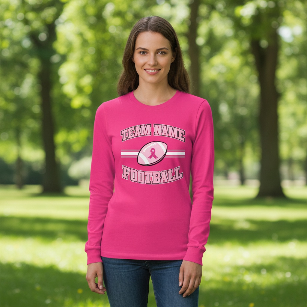 Pink football breast cancer awareness design featuring a football with a pink ribbon, customizable team name, and varsity-style "Football" text.