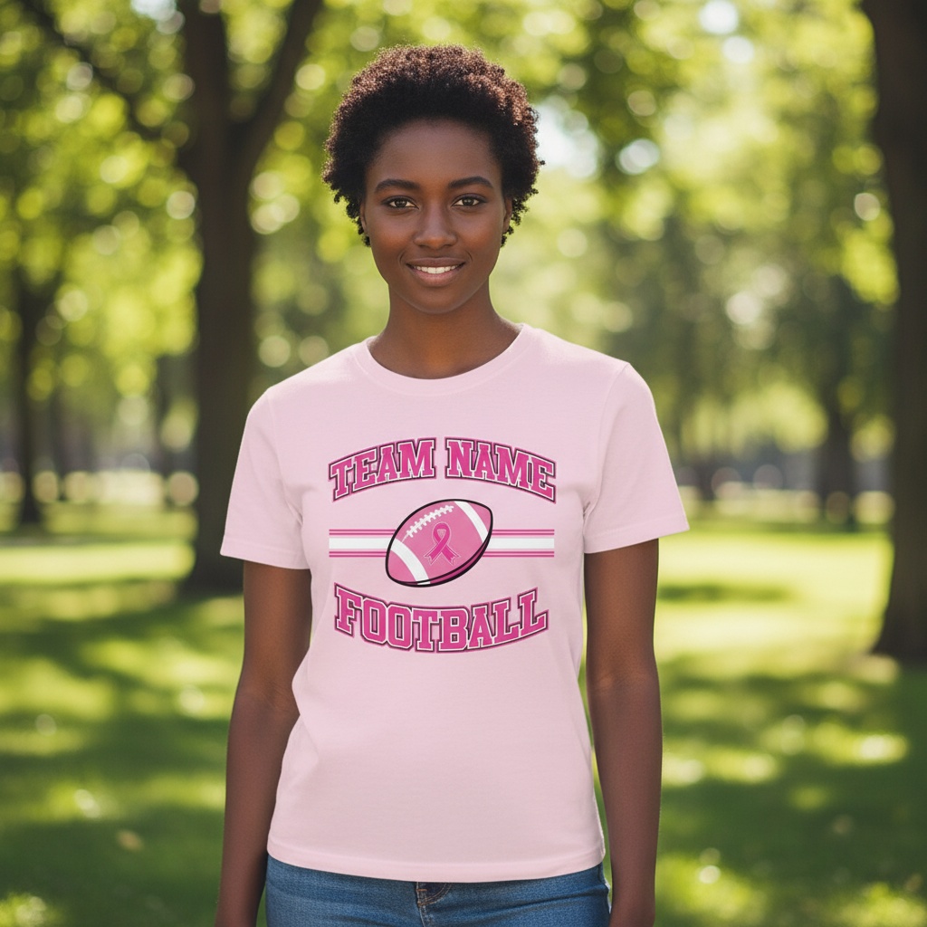 Pink football breast cancer awareness design featuring a football with a pink ribbon, customizable team name, and varsity-style "Football" text.