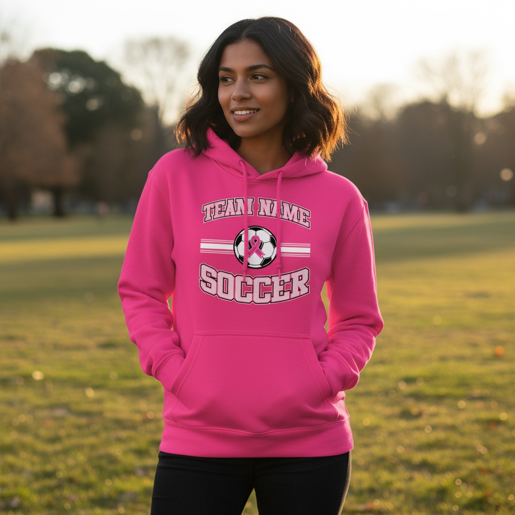 Pink soccer breast cancer awareness design featuring a soccer ball with a pink ribbon, customizable team name, and varsity-style "Soccer" text.