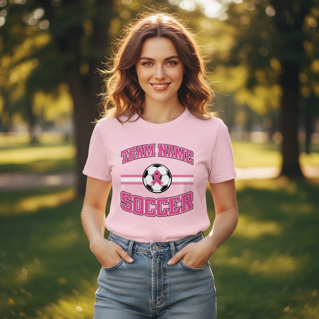 Pink soccer breast cancer awareness design featuring a soccer ball with a pink ribbon, customizable team name, and varsity-style "Soccer" text.