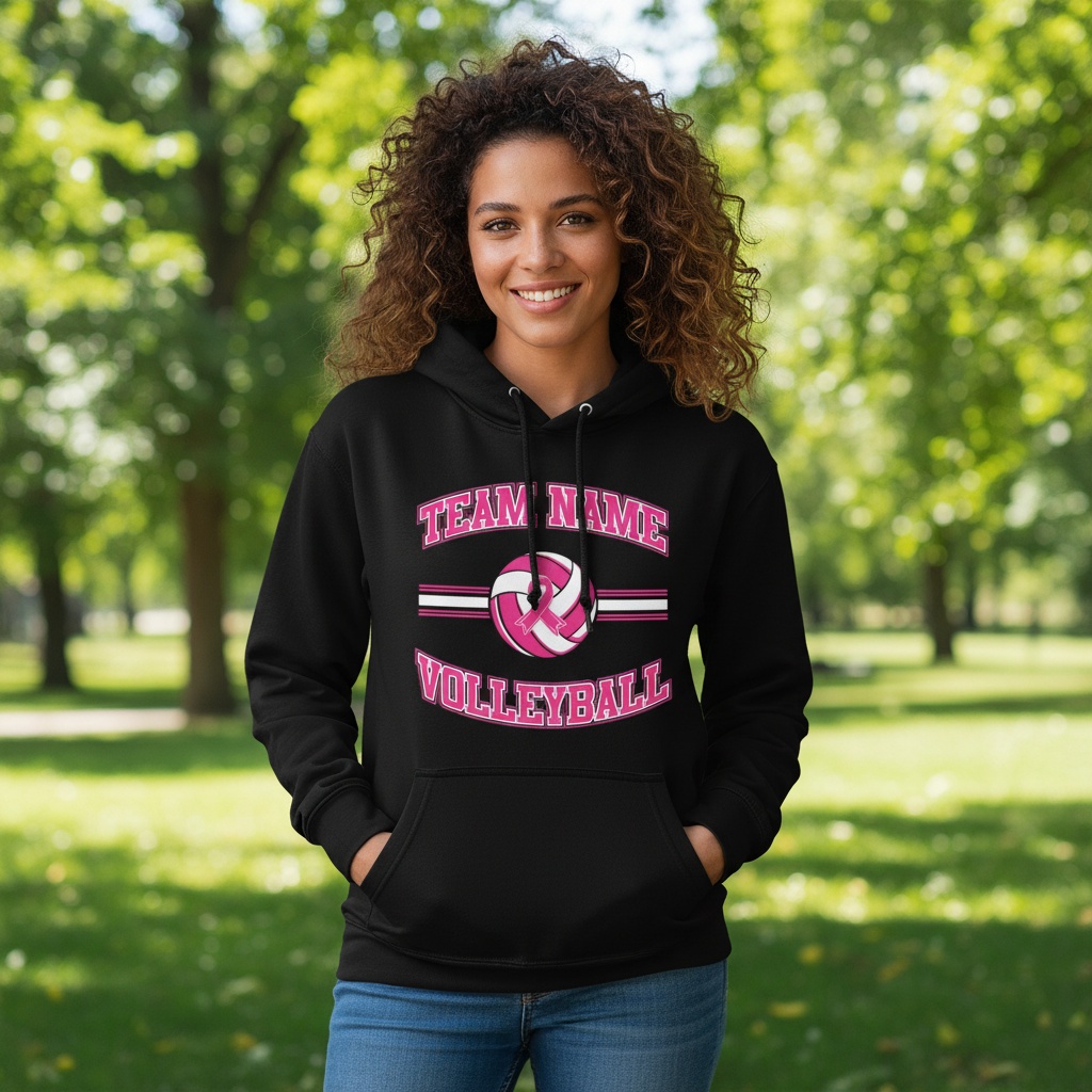 Pink volleyball breast cancer awareness design featuring a volleyball with a pink ribbon, customizable team name, and varsity-style "Volleyball" text.