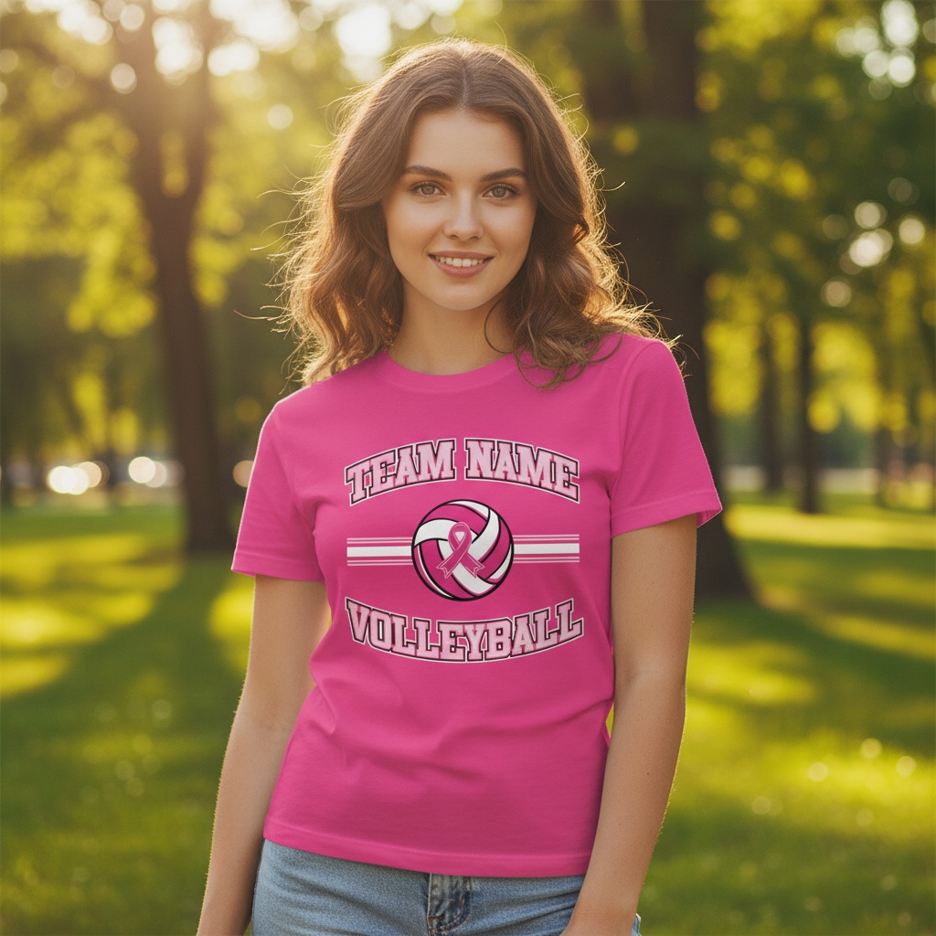 Pink volleyball breast cancer awareness design featuring a volleyball with a pink ribbon, customizable team name, and varsity-style "Volleyball" text.
