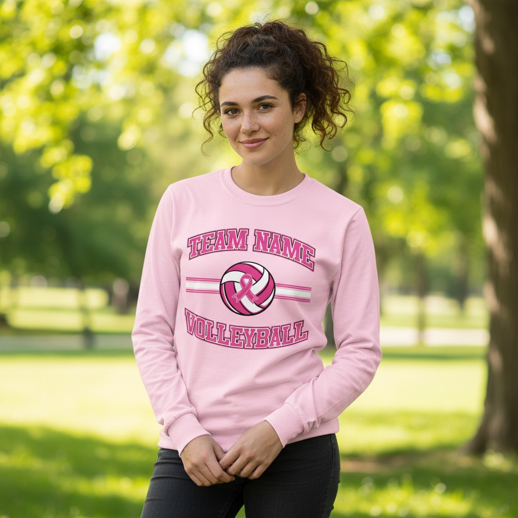 Pink volleyball breast cancer awareness design featuring a volleyball with a pink ribbon, customizable team name, and varsity-style "Volleyball" text.