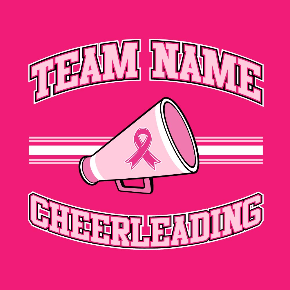Pink cheerleading breast cancer awareness design featuring a cheer megaphone with a pink ribbon, customizable team name, and varsity-style "Cheerleading" text.
