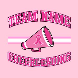 Pink cheerleading breast cancer awareness design featuring a cheer megaphone with a pink ribbon, customizable team name, and varsity-style "Cheerleading" text.