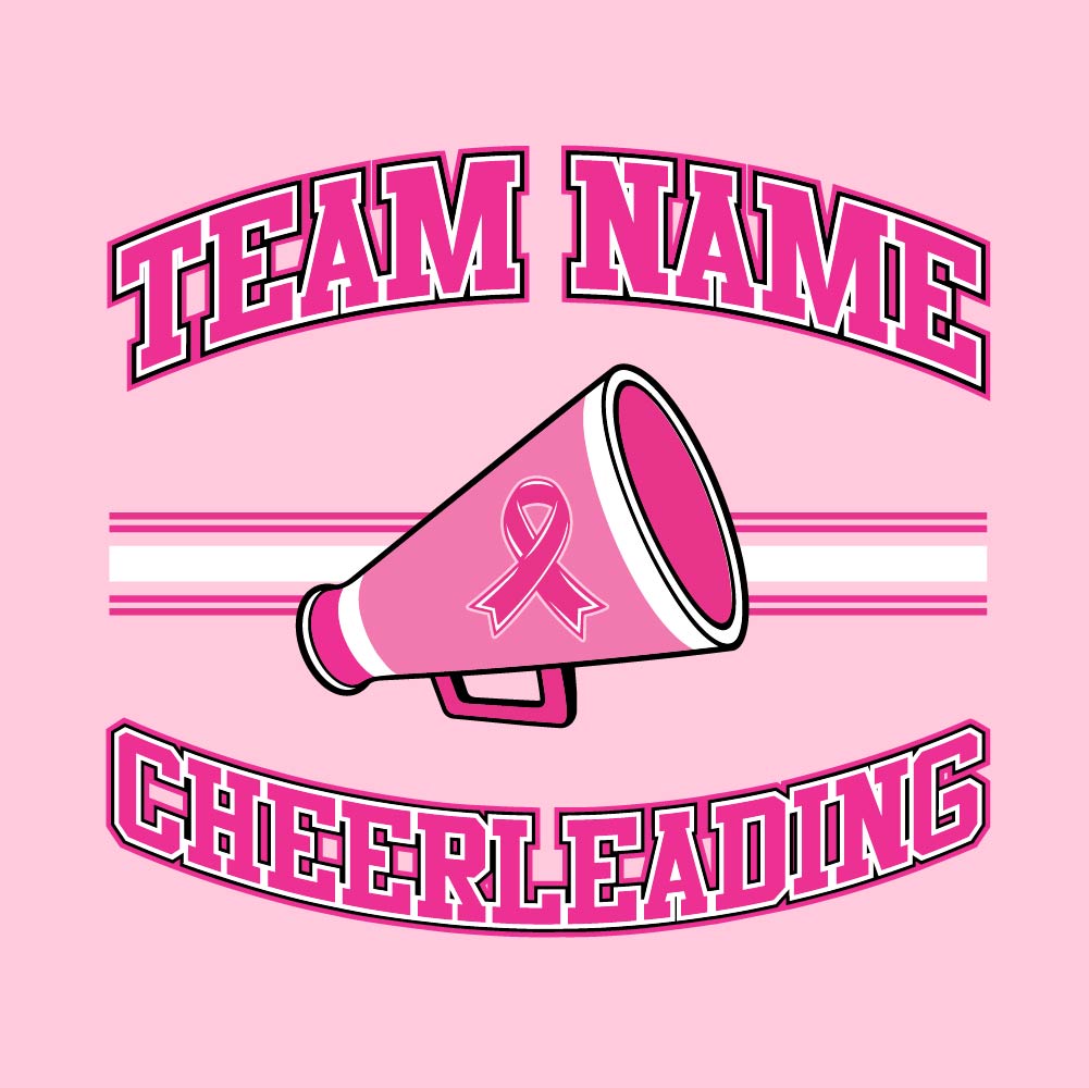 Pink cheerleading breast cancer awareness design featuring a cheer megaphone with a pink ribbon, customizable team name, and varsity-style "Cheerleading" text.