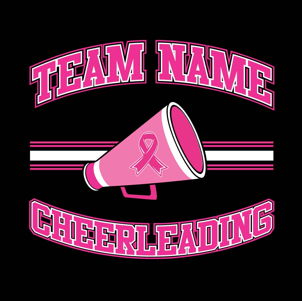 Pink cheerleading breast cancer awareness design featuring a cheer megaphone with a pink ribbon, customizable team name, and varsity-style "Cheerleading" text.