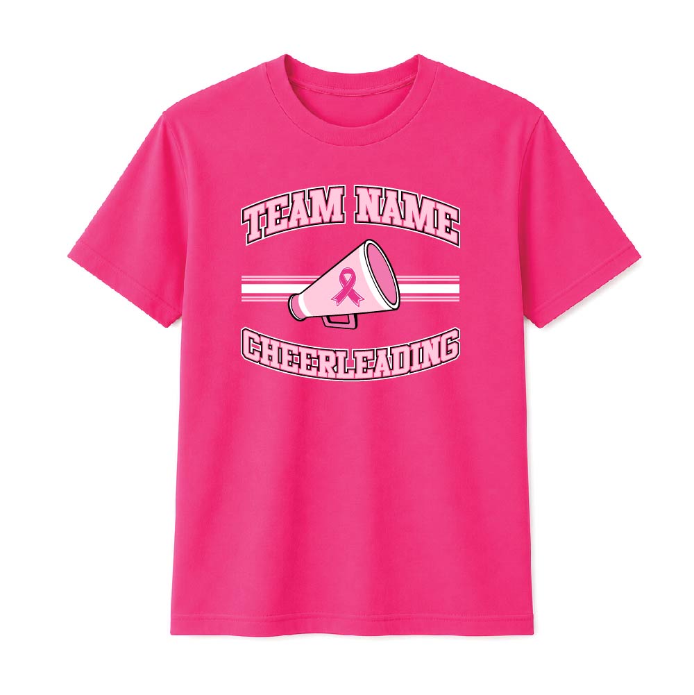 Pink cheerleading breast cancer awareness design featuring a cheer megaphone with a pink ribbon, customizable team name, and varsity-style "Cheerleading" text.