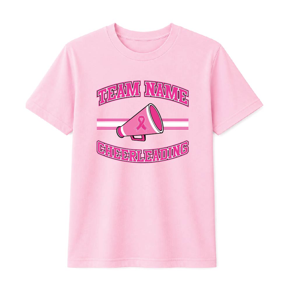 Pink cheerleading breast cancer awareness design featuring a cheer megaphone with a pink ribbon, customizable team name, and varsity-style "Cheerleading" text.