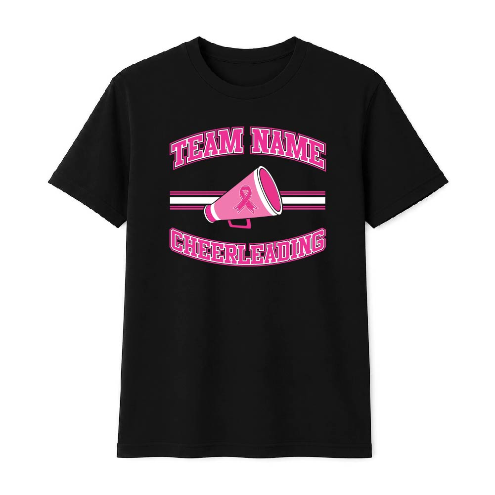 Pink cheerleading breast cancer awareness design featuring a cheer megaphone with a pink ribbon, customizable team name, and varsity-style "Cheerleading" text.