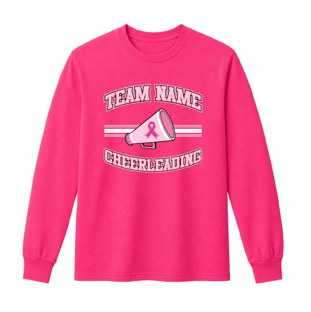 Pink cheerleading breast cancer awareness design featuring a cheer megaphone with a pink ribbon, customizable team name, and varsity-style "Cheerleading" text.