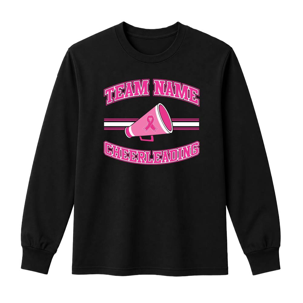 Pink cheerleading breast cancer awareness design featuring a cheer megaphone with a pink ribbon, customizable team name, and varsity-style "Cheerleading" text.
