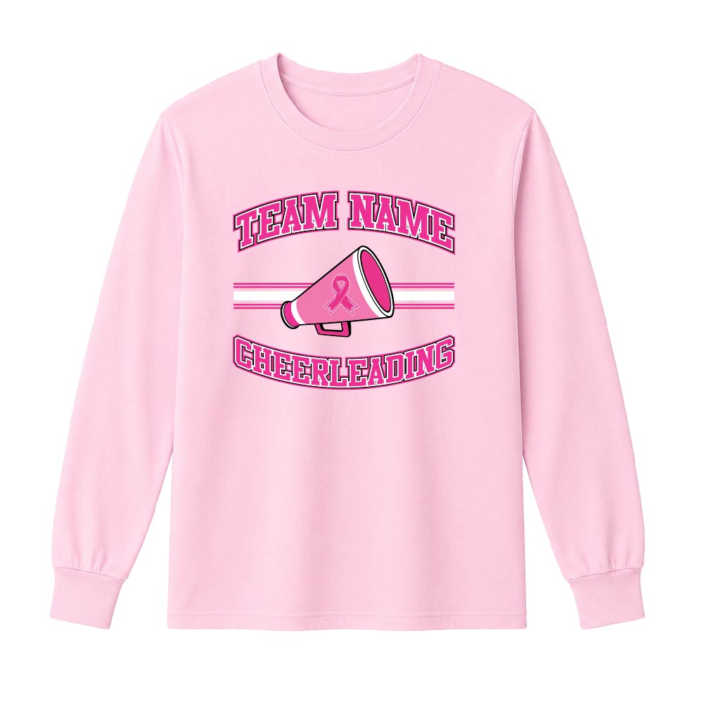 Pink cheerleading breast cancer awareness design featuring a cheer megaphone with a pink ribbon, customizable team name, and varsity-style "Cheerleading" text.