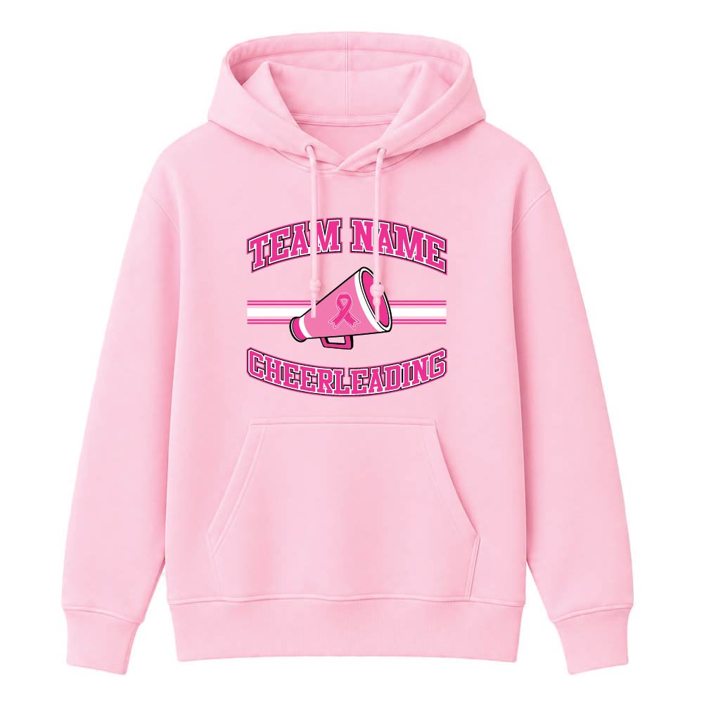 Pink cheerleading breast cancer awareness design featuring a cheer megaphone with a pink ribbon, customizable team name, and varsity-style "Cheerleading" text.