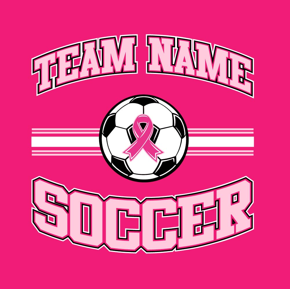Pink soccer breast cancer awareness design featuring a soccer ball with a pink ribbon, customizable team name, and varsity-style "Soccer" text.