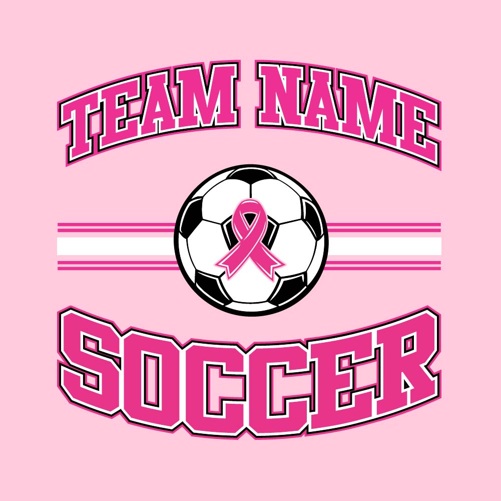 Pink soccer breast cancer awareness design featuring a soccer with a pink ribbon, customizable team name, and varsity-style "Soccer" text.