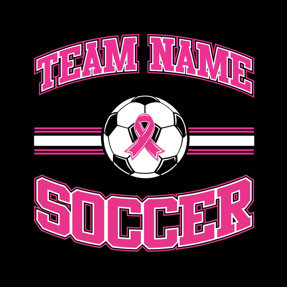 Pink soccer breast cancer awareness design featuring a soccer ball with a pink ribbon, customizable team name, and varsity-style "Soccer" text.