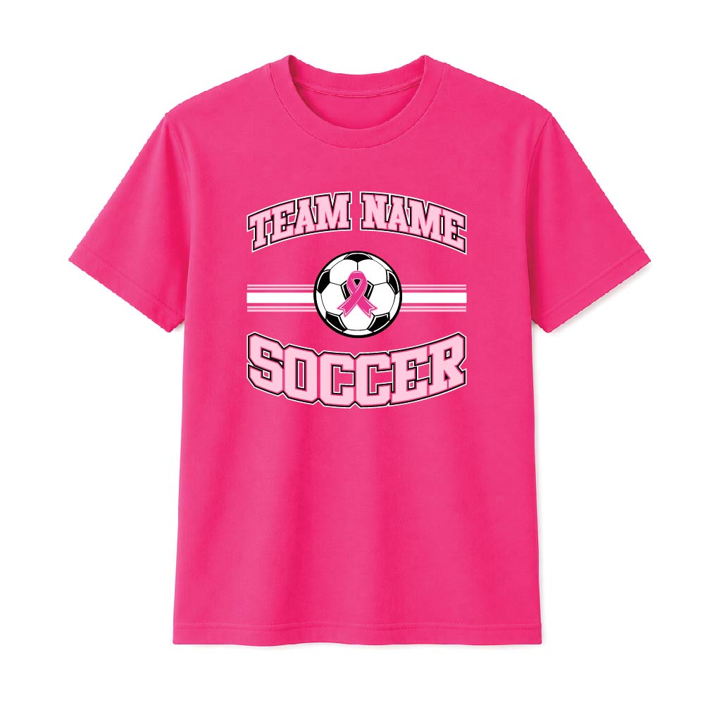 Pink soccer breast cancer awareness design featuring a soccer ball with a pink ribbon, customizable team name, and varsity-style "Soccer" text.