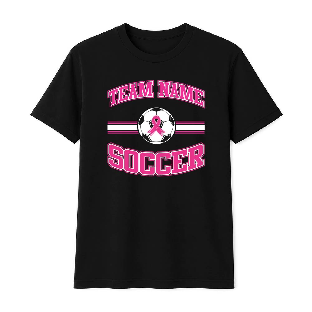 Pink soccer breast cancer awareness design featuring a soccer with a pink ribbon, customizable team name, and varsity-style "Soccer" text.