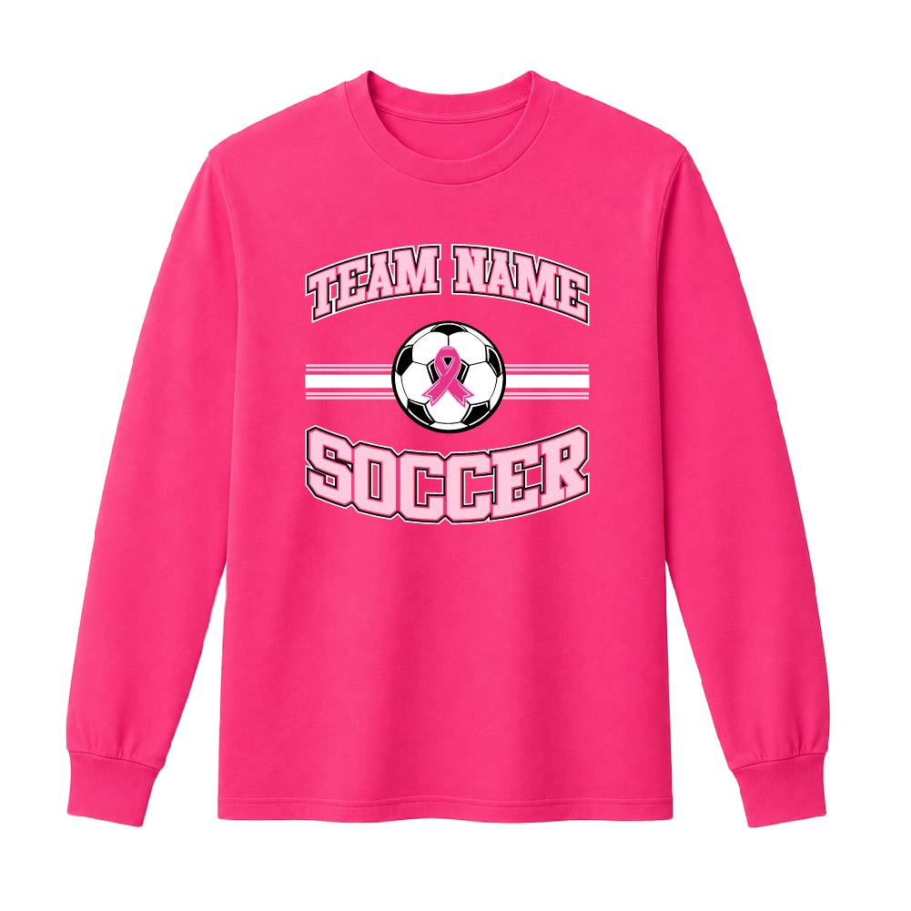 Pink soccer breast cancer awareness design featuring a soccer with a pink ribbon, customizable team name, and varsity-style "Soccer" text.