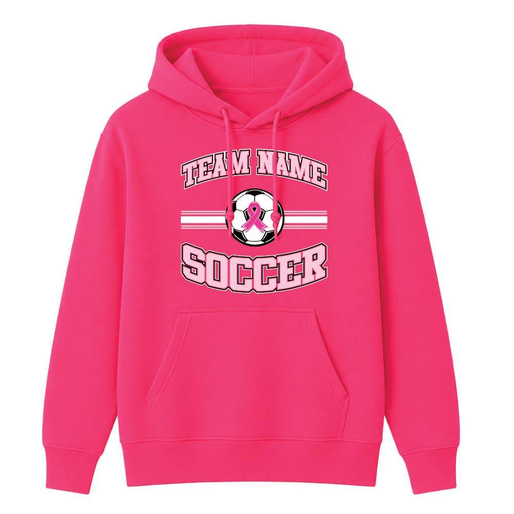 Pink soccer breast cancer awareness design featuring a soccer with a pink ribbon, customizable team name, and varsity-style "Soccer" text.