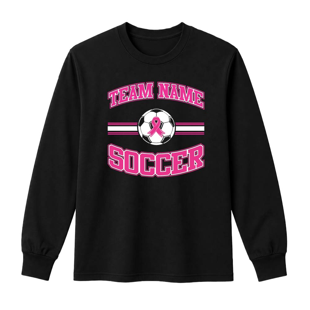 Pink soccer breast cancer awareness design featuring a soccer with a pink ribbon, customizable team name, and varsity-style "Soccer" text.