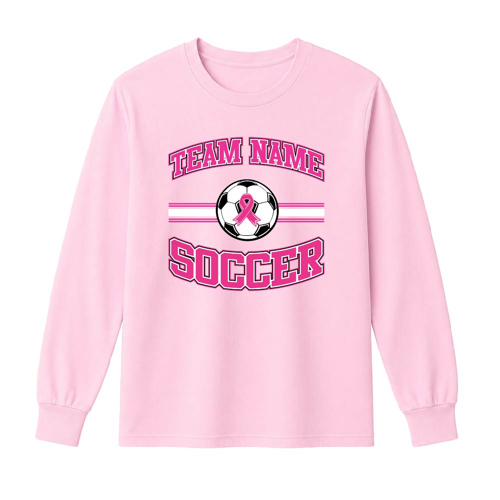 Pink soccer breast cancer awareness design featuring a soccer ball with a pink ribbon, customizable team name, and varsity-style "Soccer" text.
