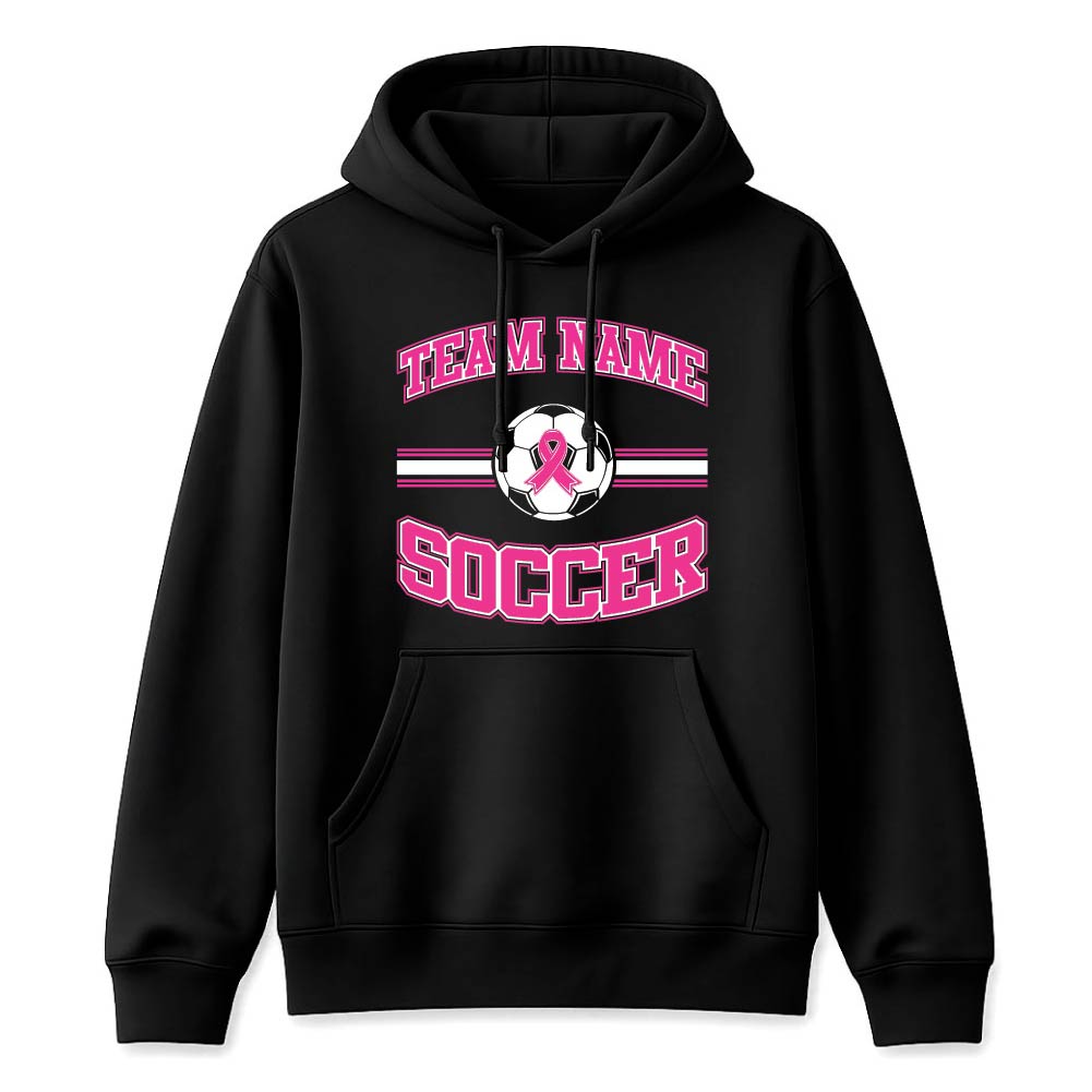Pink soccer breast cancer awareness design featuring a soccer ball with a pink ribbon, customizable team name, and varsity-style "Soccer" text.