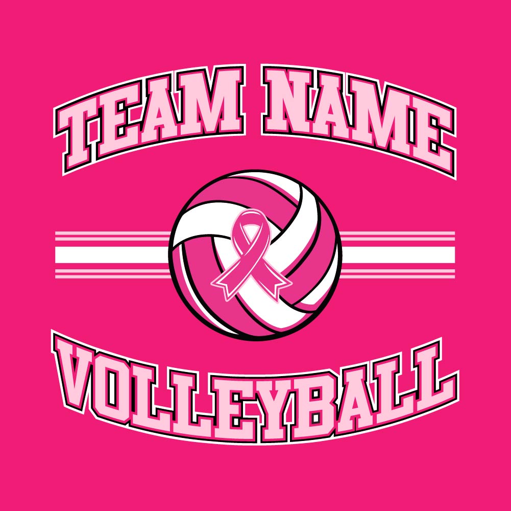Pink volleyball breast cancer awareness design featuring a volleyball with a pink ribbon, customizable team name, and varsity-style "Volleyball" text.