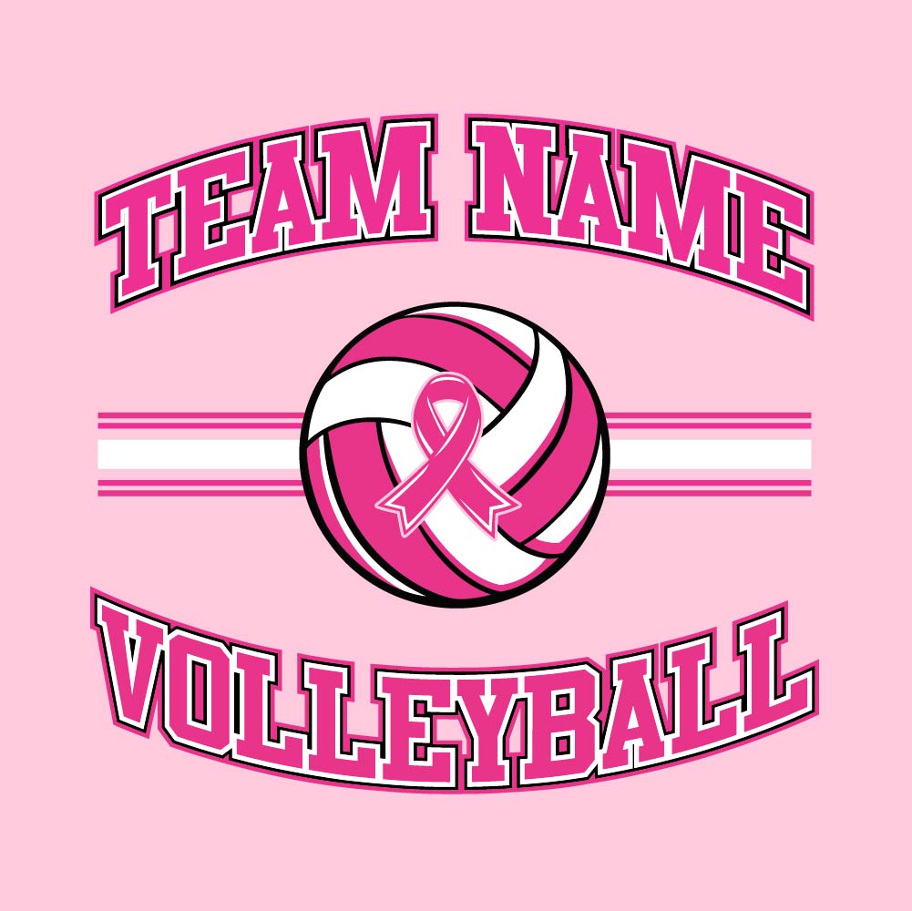 Pink volleyball breast cancer awareness design featuring a volleyball with a pink ribbon, customizable team name, and varsity-style "Volleyball" text.