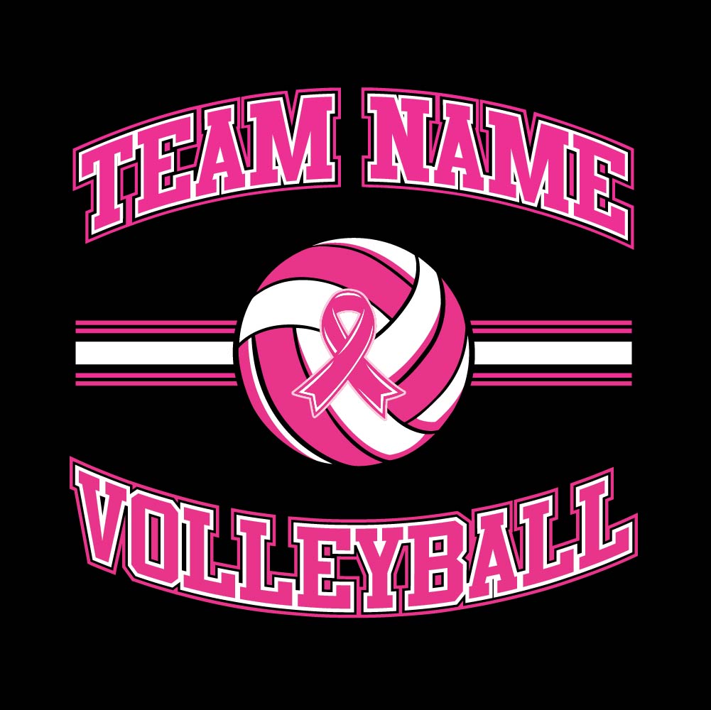 Pink volleyball breast cancer awareness design featuring a volleyball with a pink ribbon, customizable team name, and varsity-style "Volleyball" text.