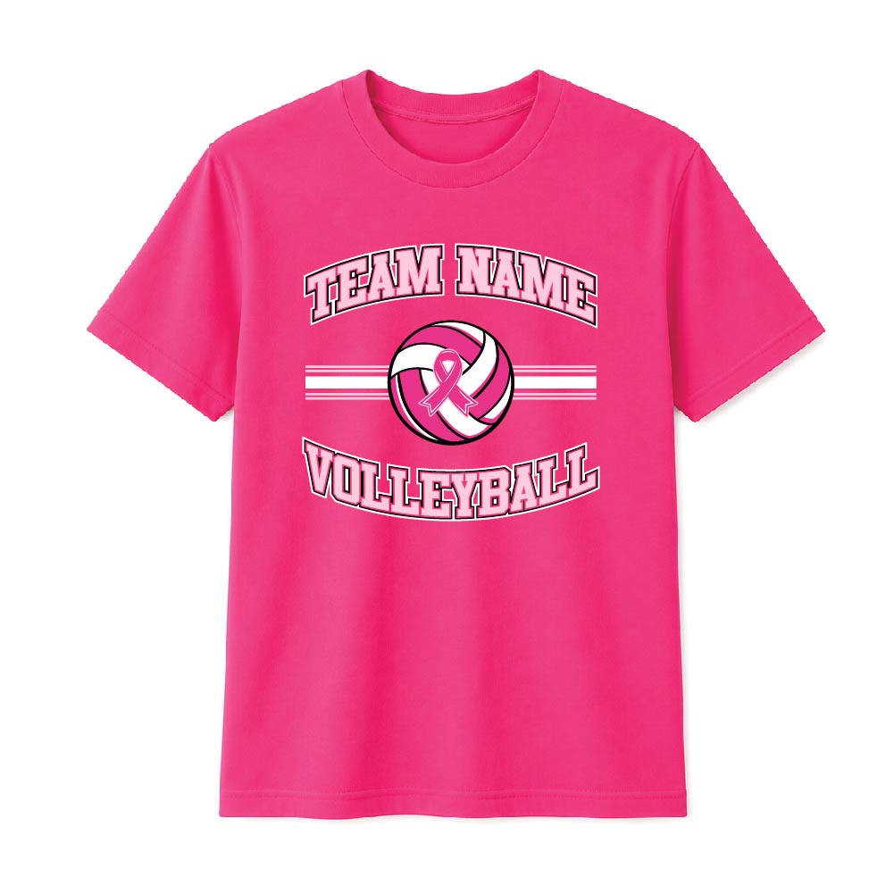 Pink volleyball breast cancer awareness design featuring a volleyball with a pink ribbon, customizable team name, and varsity-style "Volleyball" text.