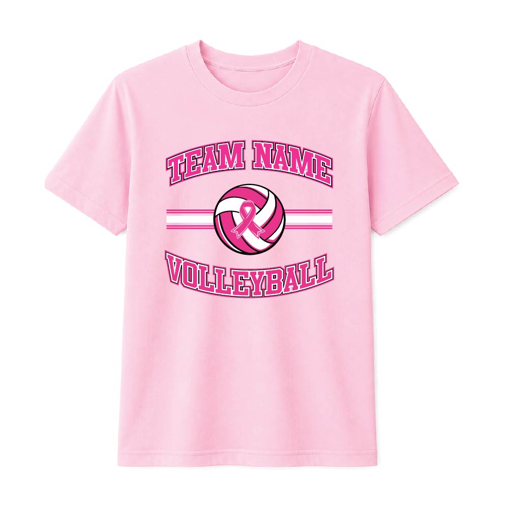 Pink volleyball breast cancer awareness design featuring a volleyball with a pink ribbon, customizable team name, and varsity-style "Volleyball" text.