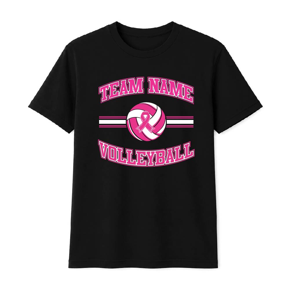 Pink volleyball breast cancer awareness design featuring a volleyball with a pink ribbon, customizable team name, and varsity-style "Volleyball" text.