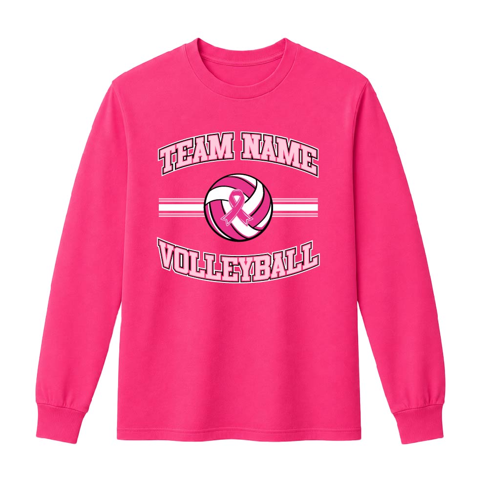 Pink volleyball breast cancer awareness design featuring a volleyball with a pink ribbon, customizable team name, and varsity-style "Volleyball" text.