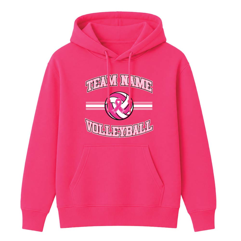 Pink volleyball breast cancer awareness design featuring a volleyball with a pink ribbon, customizable team name, and varsity-style "Volleyball" text.