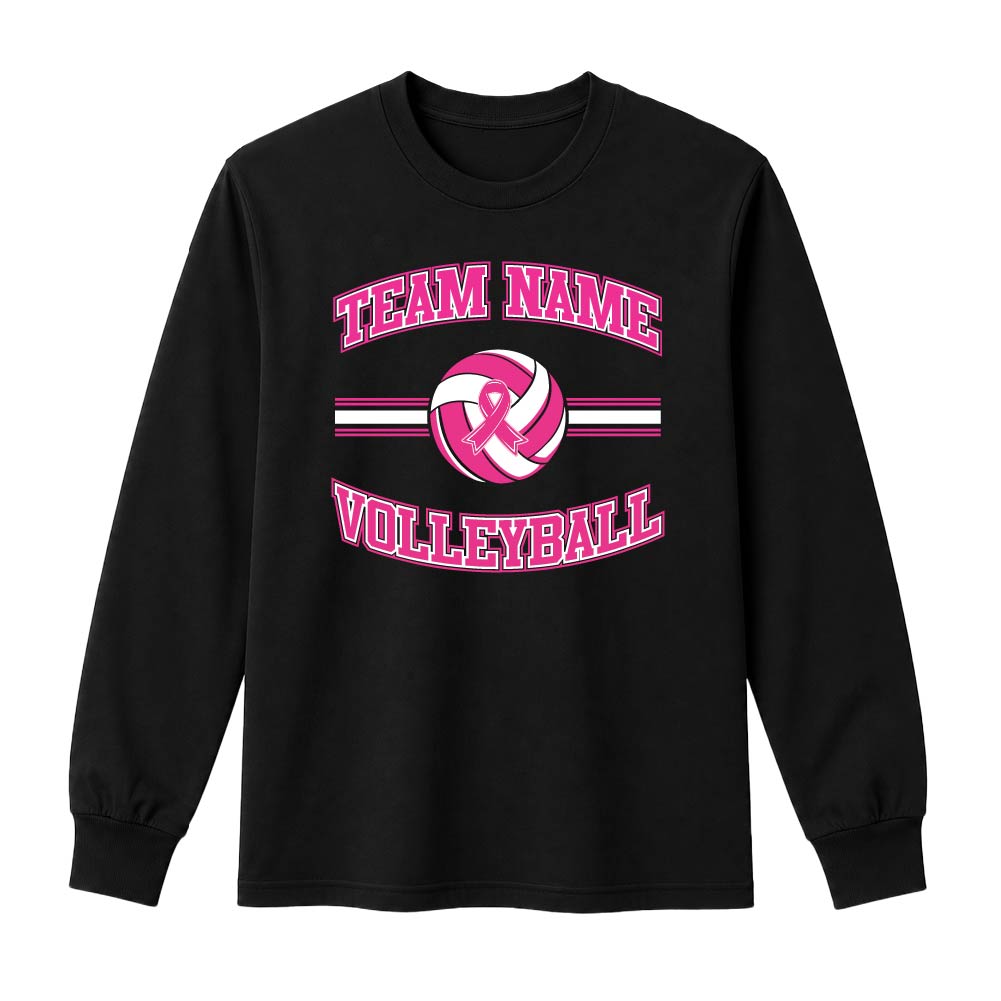 Pink volleyball breast cancer awareness design featuring a volleyball with a pink ribbon, customizable team name, and varsity-style "Volleyball" text.