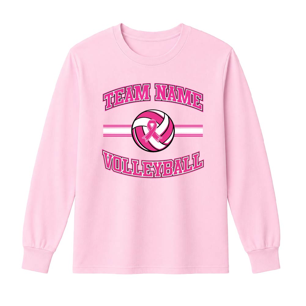Pink long-sleeve shirt featuring a volleyball graphic and the text 'Team Name Volleyball' across the chest.