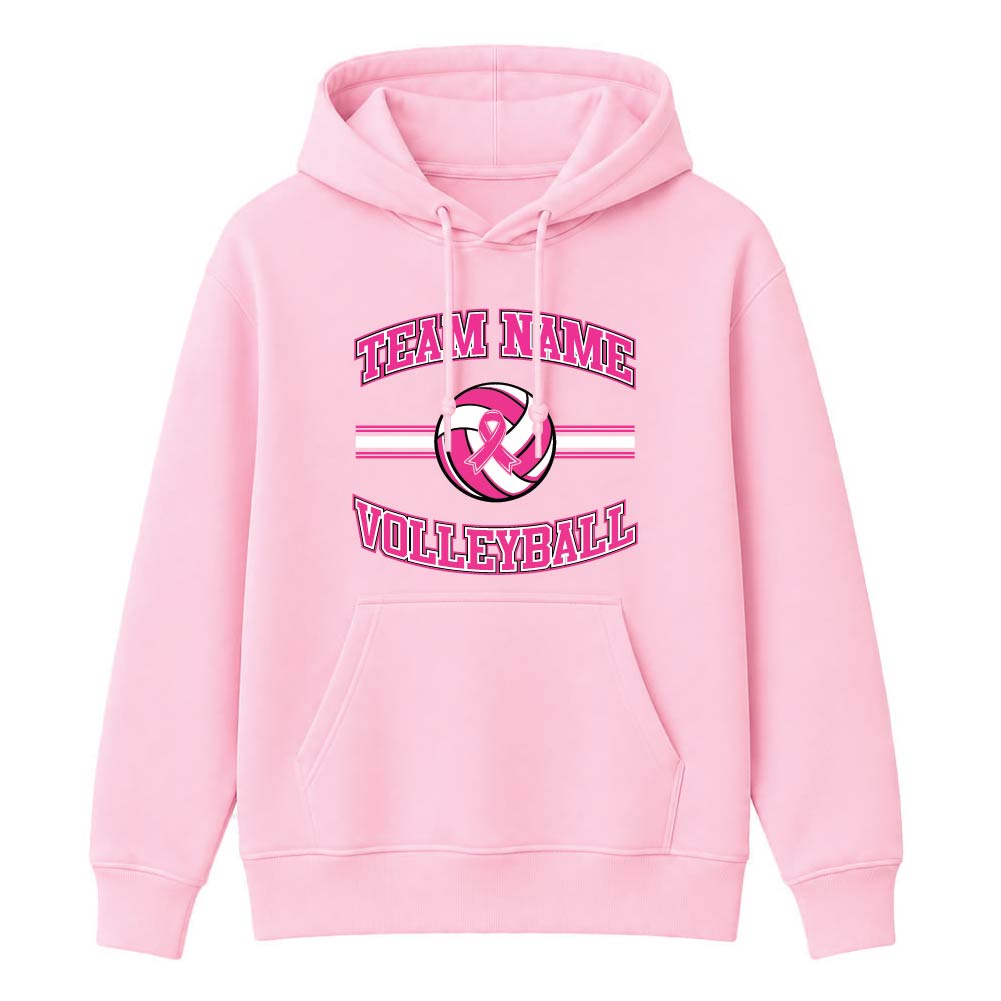 Pink volleyball breast cancer awareness design featuring a volleyball with a pink ribbon, customizable team name, and varsity-style "Volleyball" text.