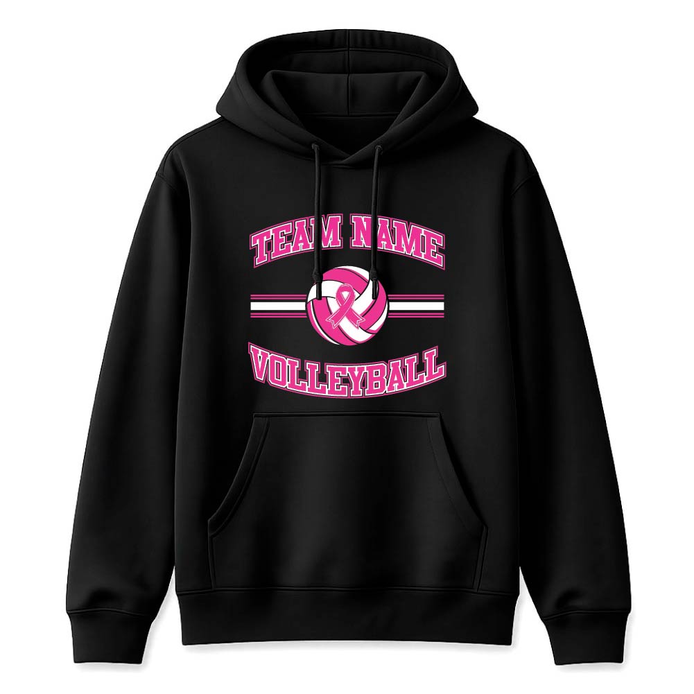 Pink volleyball breast cancer awareness design featuring a volleyball with a pink ribbon, customizable team name, and varsity-style "Volleyball" text.