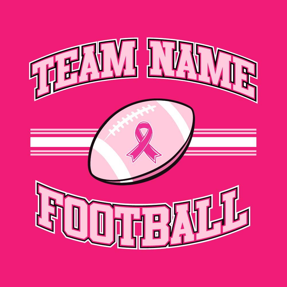 Pink football breast cancer awareness design featuring a football with a pink ribbon, customizable team name, and varsity-style "Football" text.