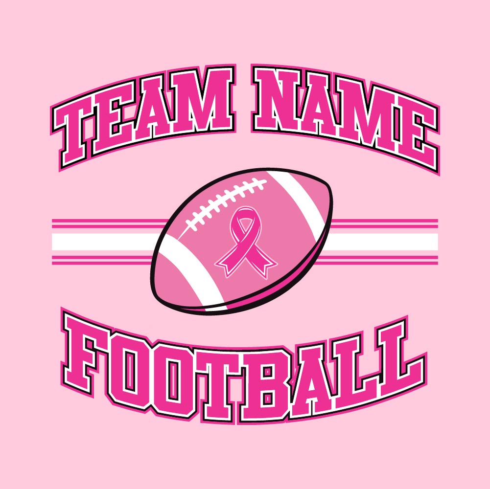 Pink football breast cancer awareness design featuring a football with a pink ribbon, customizable team name, and varsity-style "Football" text.