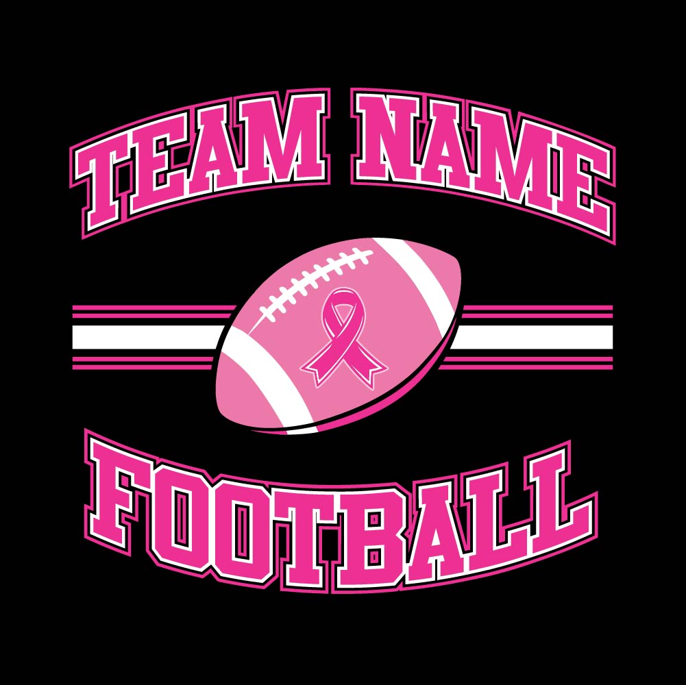 Pink football breast cancer awareness design featuring a football with a pink ribbon, customizable team name, and varsity-style "Football" text.