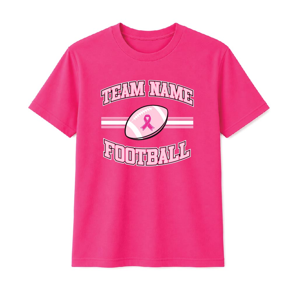 Pink football breast cancer awareness design featuring a football with a pink ribbon, customizable team name, and varsity-style "Football" text.
