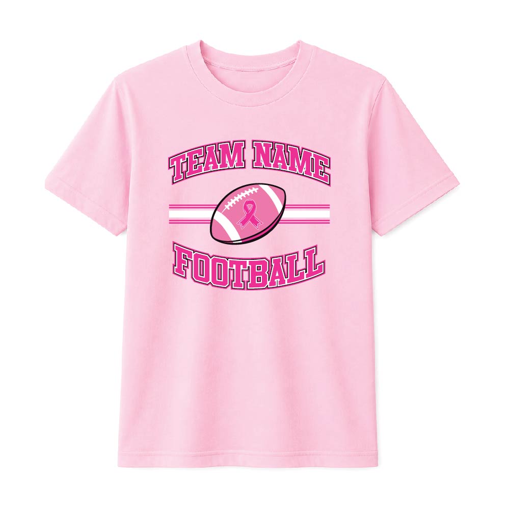 Pink football breast cancer awareness design featuring a football with a pink ribbon, customizable team name, and varsity-style "Football" text.