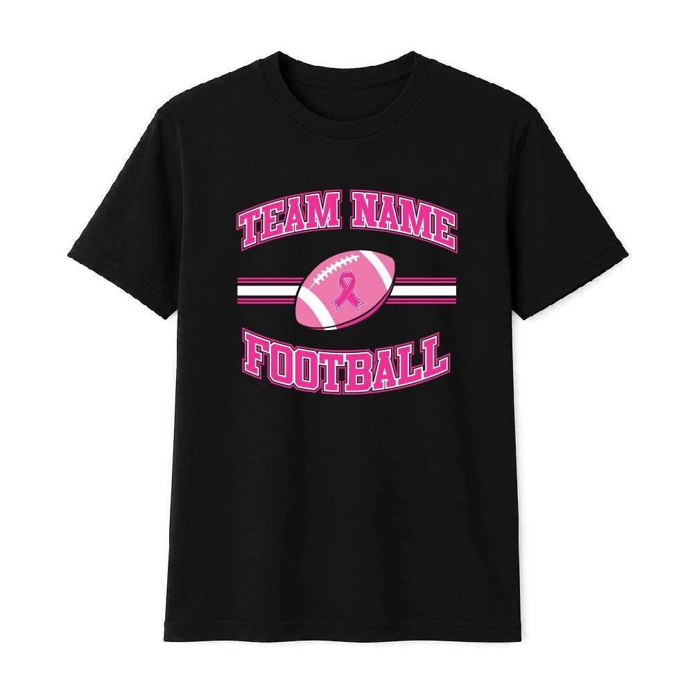 Pink football breast cancer awareness design featuring a football with a pink ribbon, customizable team name, and varsity-style "Football" text.