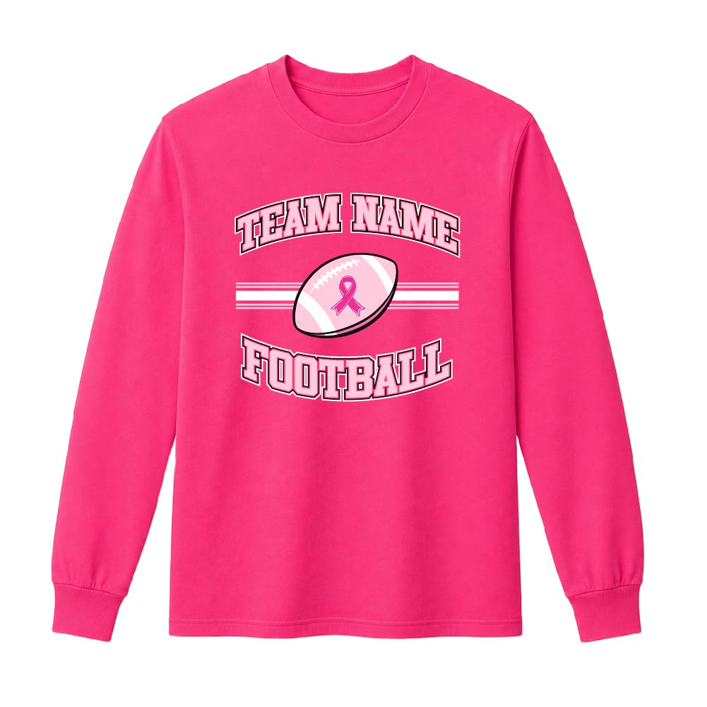 Pink football breast cancer awareness design featuring a football with a pink ribbon, customizable team name, and varsity-style "Football" text.