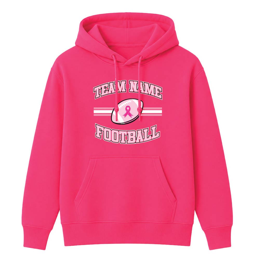 Pink football breast cancer awareness design featuring a football with a pink ribbon, customizable team name, and varsity-style "Football" text.