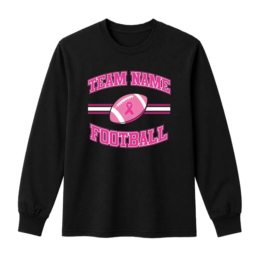 Pink football breast cancer awareness design featuring a football with a pink ribbon, customizable team name, and varsity-style "Football" text.
