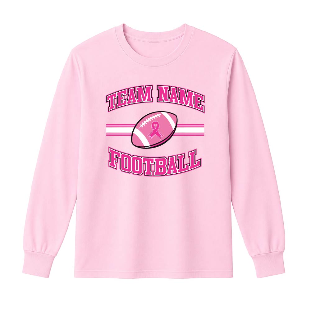 Pink football breast cancer awareness design featuring a football with a pink ribbon, customizable team name, and varsity-style "Football" text.
